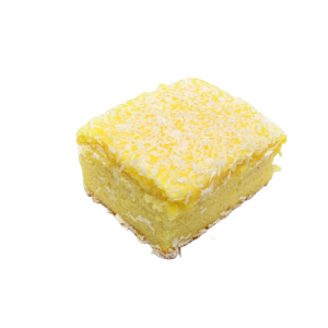 LEMON SQUARE – plain sponge square with lemon fondant icing and coconut