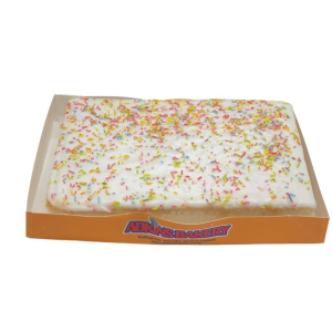 MINI HARLEQUIN SLAB – classic sponge cake topped with fondant icing and colourful sugar strands
