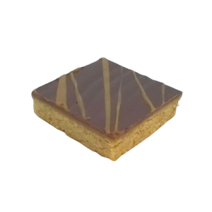 SALTED CARAMEL FLAPJACK – flapjack square with salted caramel layer and chocolate topping