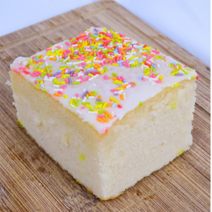 HARLEQUIN SQUARE – square sponge cake topped with fondant icing and colourful sugar strands