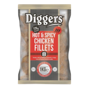 Diggers Hot And Spicy Chicken Burgers 8x125g for wholesale foodservice supply | Mason Foodservice
